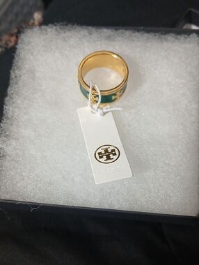Tori Burch Gold and Emerald Green Women's Logo Accent Ring